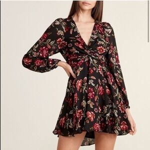 A.L.C. Annette Silk Floral Mini Dress V Plunge Long Sleeve Flowy‎ Women's Size 2